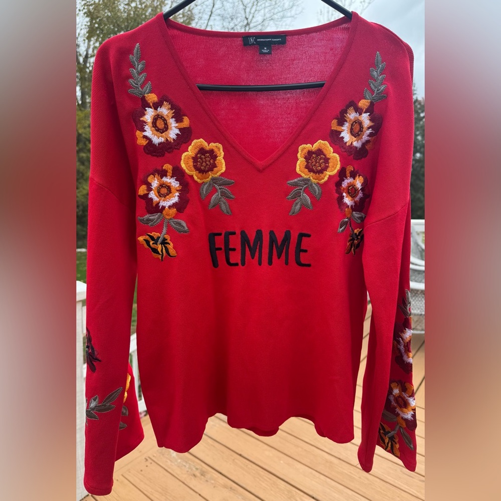 🔥INC International Concepts Red Floral Embroidered Long Sleeve Top medium🔥